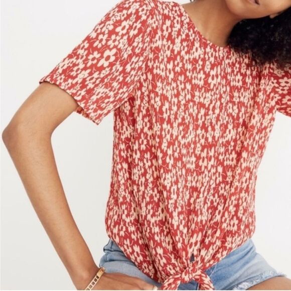 Madewell Crinkled Button Back Tie Red Floral Blouse Size Medium - Picture 1 of 7